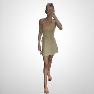 One shoulder tie shiny gold knit mini dress